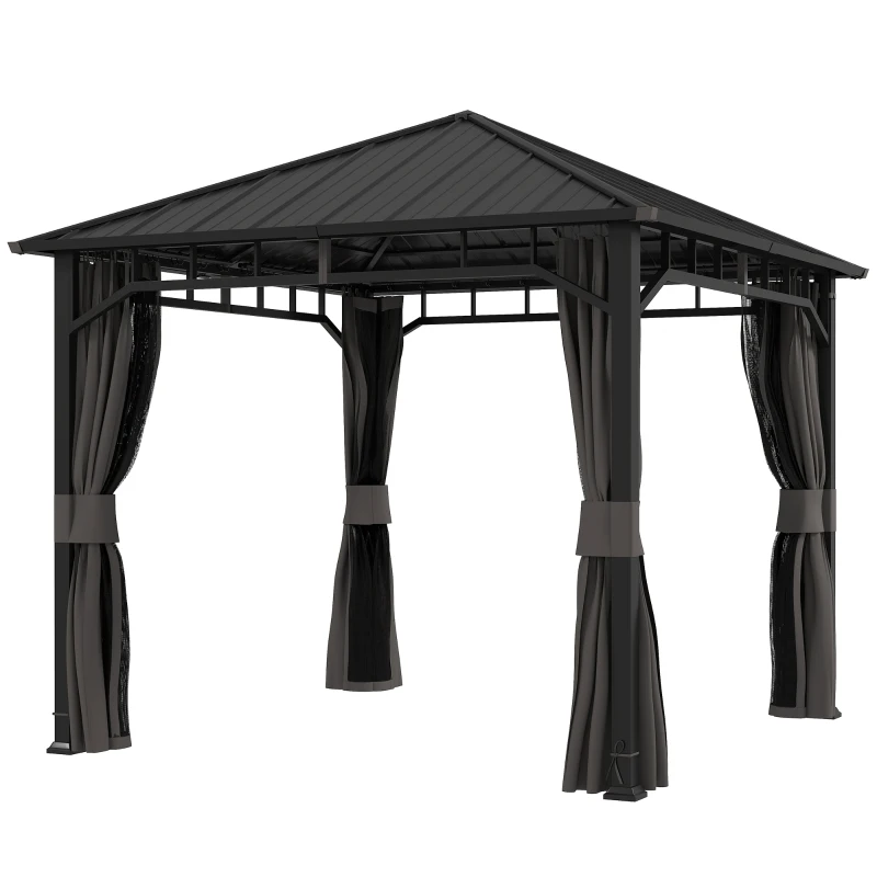Outsunny Pavillon 3 x 3 m Wasserdicht Stabil Winterfest Gartenpavillon mit Seitenteile, Netze, Haken Hardtop Dunkelgrau