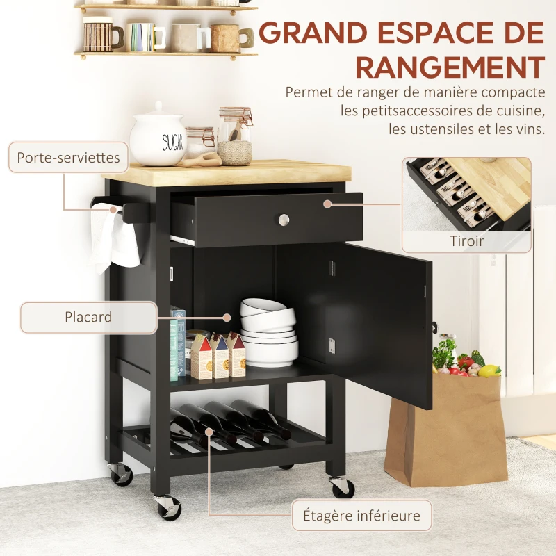 HOMCOM Desserte de cuisine à roulettes, chariot de service, plan de travail en bois d'hévéa, tiroir, 63,5 x 40 x 90 cm, noir