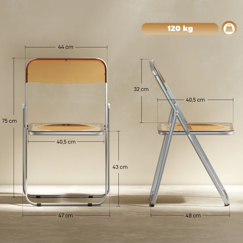 HOMCOM Lot de 4 chaises pliantes en acrylique et acier, chaises pliantes portables pour maison, salle à manger, oranges
