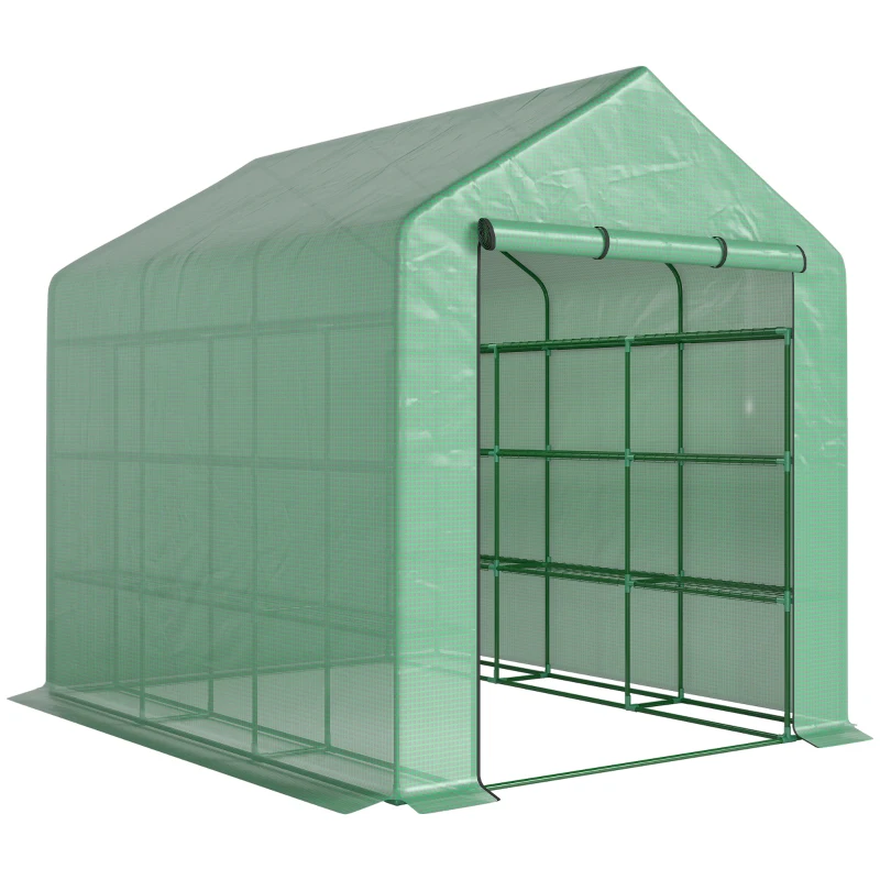 Outsunny Serre de jardin serre d'hivernage avec étagères 3 niveaux porte enroulable tube en acier 244 x 180 x 210 cm vert