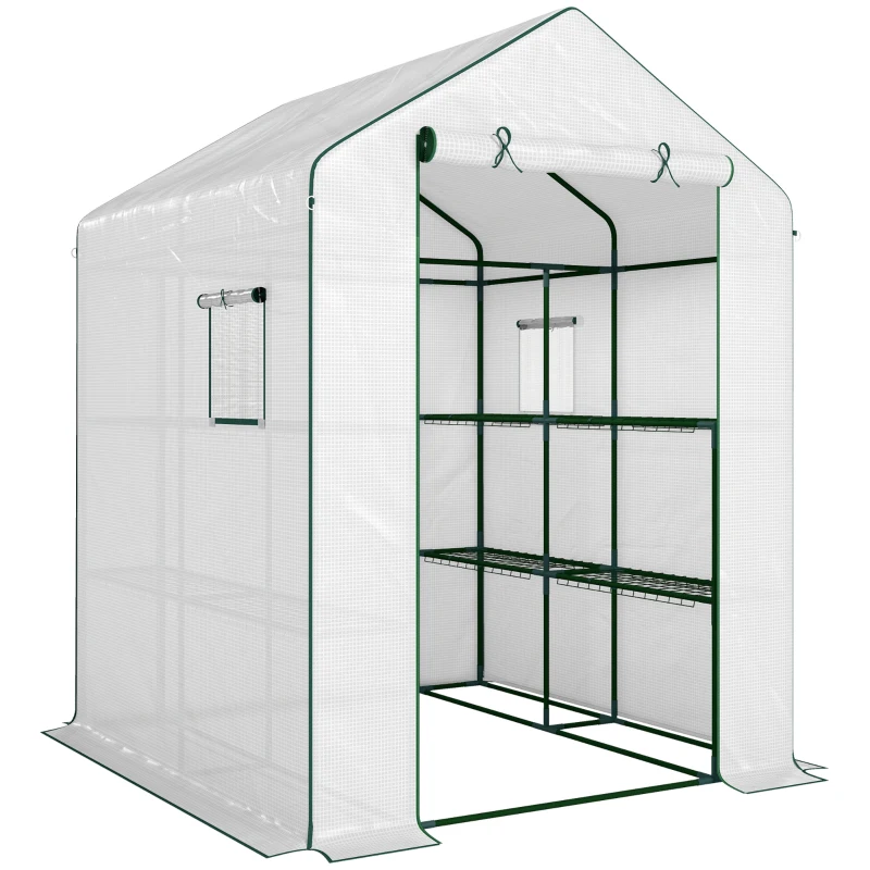 Outsunny Serre de jardin avec 1 porte 2 fenêtres étagères 3 niveaux pour Légumes Plantes Fleurs Bâche PE 140 x 143 x 190 cm blanc