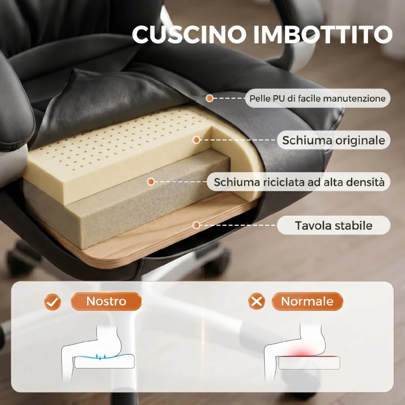 HOMCOM Sedia da Ufficio Ergonomica Girevole in Pelle PU con Dondolo e Altezza Regolabile, Nero