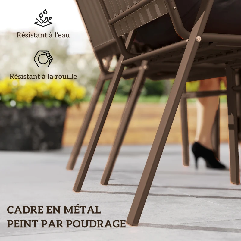 Outsunny Lot de 4 chaises de jardin chaises empilables d'extérieur haut dossier et accoudoirs cadre acier 56x66x91cm marron foncé