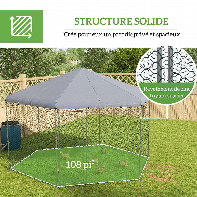 PawHut Enclos poulailler extérieur 10 m² parc grillagé 400 x 346 x 263 cm - espace couvert - 10-15 poules