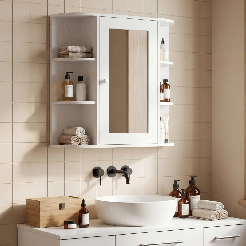 HOMCOM Spiegelschrank Badschrank Badezimmerschrank, 8 Fächer, Spiegeltüren, wasserbeständig, 66 cm x 17 cm x 63 cm, Weiß