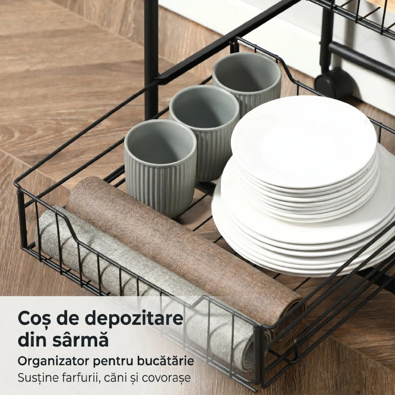 HOMCOM Carucior de bucătărie cu 2 coșuri detașabile din metal, 2 rafturi din PAL și cârlige laterale, 40x38x111cm