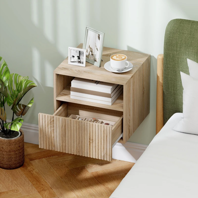 HOMCOM Nachttisch, griffloses Design, offenes Fach, Schublade, Wandmontage, Hellbraun