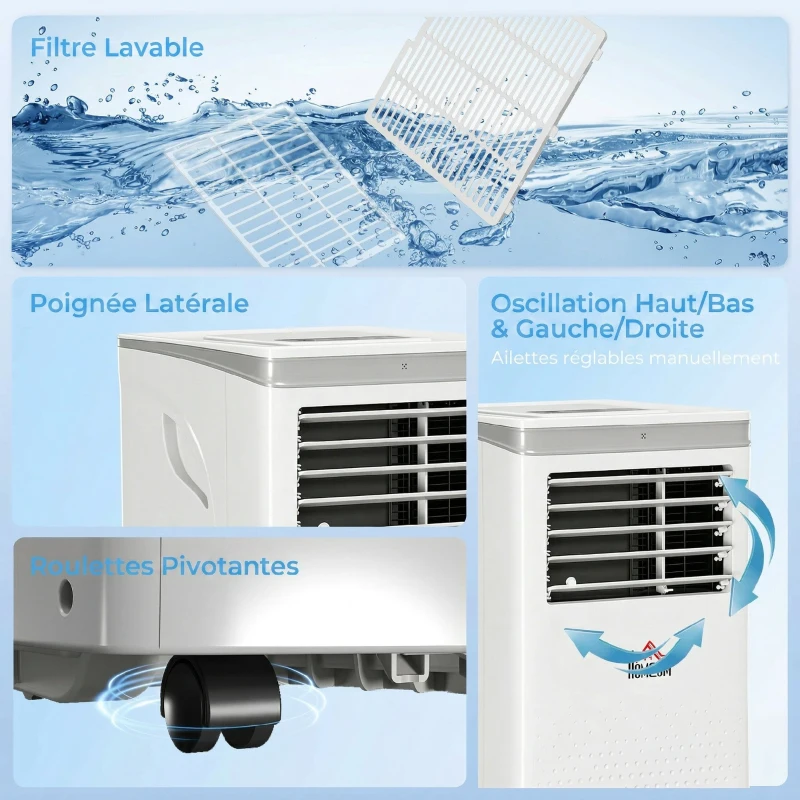 HOMCOM Climatiseur mobile 10000BTU, climatiseur portable 4 en 1 refroidissement déshumidificateur ventilateur mode nuit, blanc