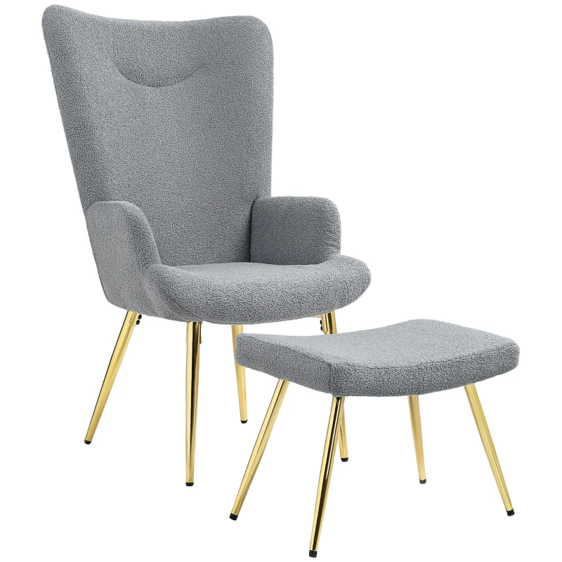 HOMCOM Ensemble fauteuil avec repose-pieds, tissu bouclette gris et pieds en métal doré, dossier haut, grand confort