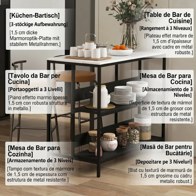 HOMCOM Insulă de Bucătărie cu Rafturi, Blat cu Efect de Marmură și Structură din Metal, 100x50x90cm, Negru și Alb