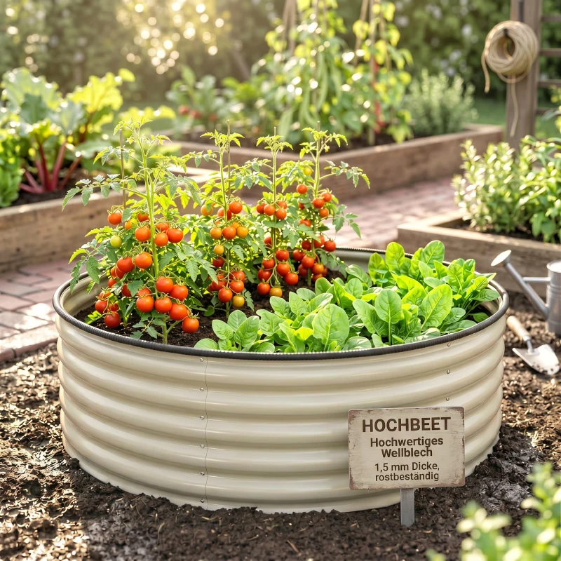 Outsunny Hochbeet, Verzinkter Pflanzkübel mit Sicherheitsrand, Pflanzbox mit offenem Boden, 120 x 120 x 43 cm, Cremeweiß