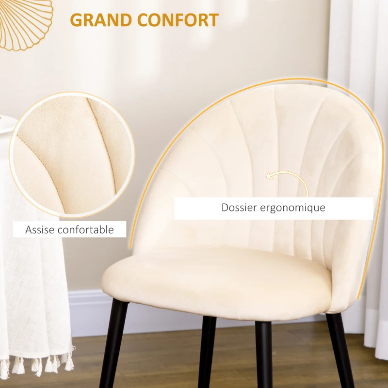 HOMCOM Lot de 2 chaises Velours Crème Pieds métal Noir dim. 52L x 54l x 79H cm