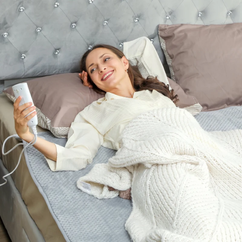 HOMCOM Pătură Electrică 160x140 cm cu 5 Nivele de Căldură și 2 Telecomenzi, din Pile și Poliester, Gri