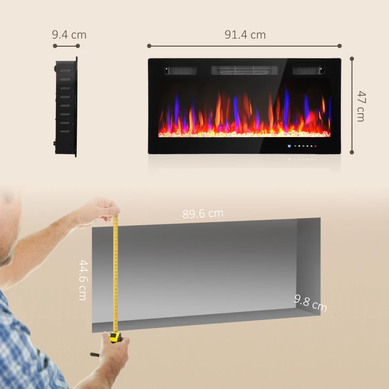 HOMCOM Șemineu Electric de Perete 900/1800W Ultra Subțire 9,4cm, 12 Culori Flacără 3D și Cristal Reglabil, Șemineu Electric cu Telecomandă, Touchscreen, Timer, Termostat, 30㎡ Negru