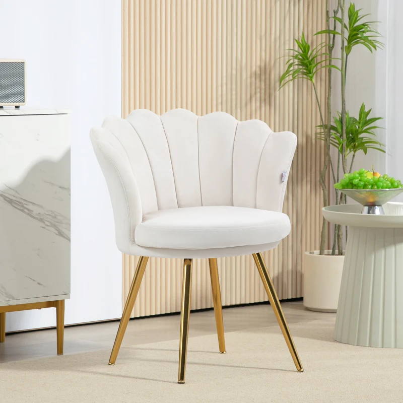 HOMCOM Fauteuil coquillage chaise coiffeuse fauteuil en velours fauteuil de salon avec pieds en métal doré crème