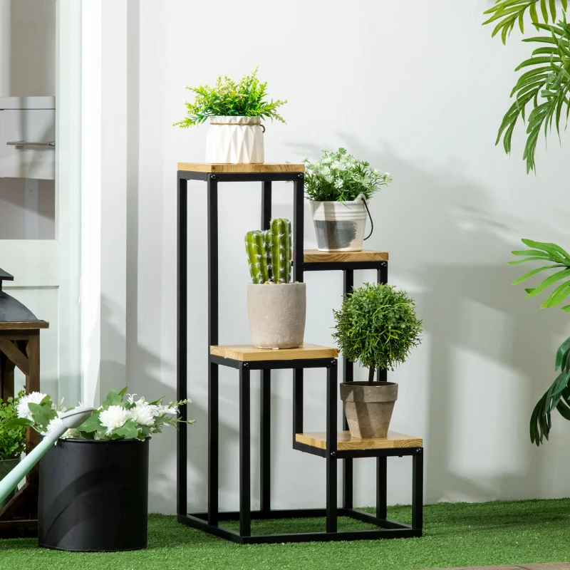 Outsunny Étagère à plantes étagère à fleurs en métal et bois 4 niveaux de différentes hauteurs style industriel 34 x 34 x 66 cm