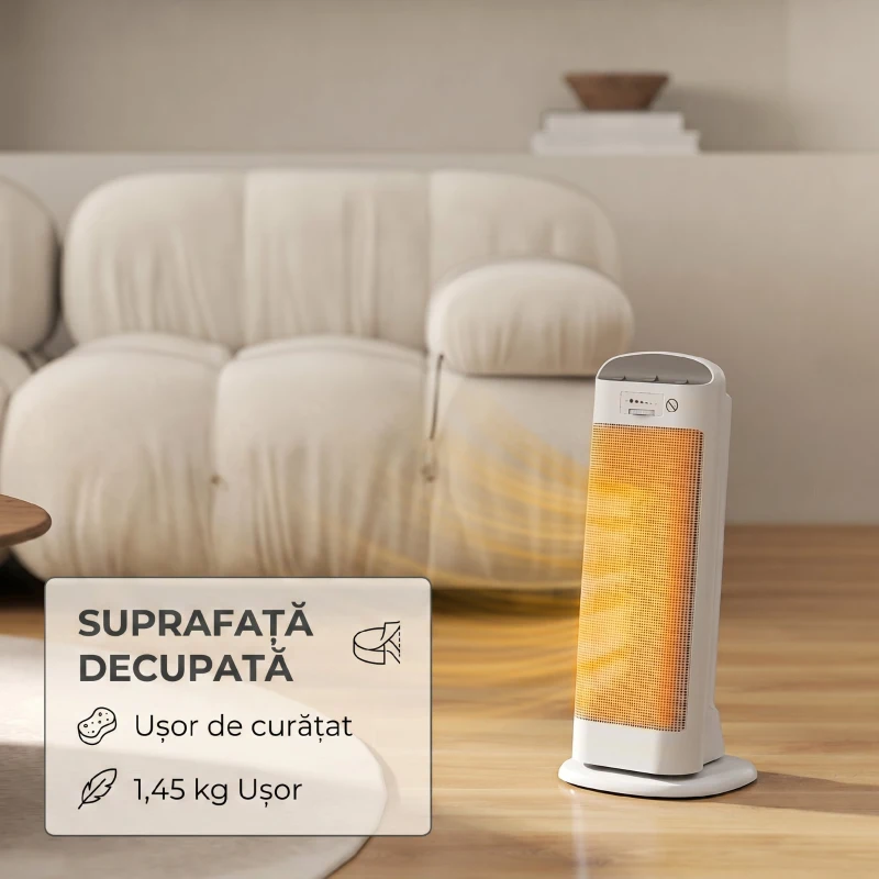 HOMCOM Încălzitor electric ceramic 2000W, 4 moduri și încălzire reglabilă, oscilație la 55°, alb