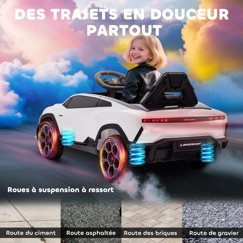 AIYAPLAY Voiture électrique enfant véhicule électrique Lamborghini 12V télécommande 2,4G et 2 moteurs vitesse max. 4 km/h blanc