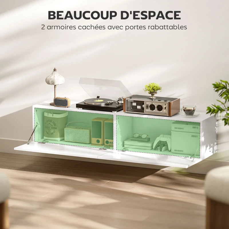 HOMCOM Meuble TV suspendu pour téléviseur jusqu'à 45 55 65 pouces avec 2 placards à portes, 140 x 33 x 29,8 cm, blanc