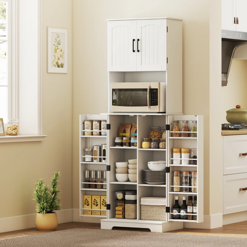 HOMCOM Buffet haut cuisine armoire de cuisine, 4 portes plan de travail 8 porte-épices étagères réglables 60x40x181,5cm blanc(m-10)