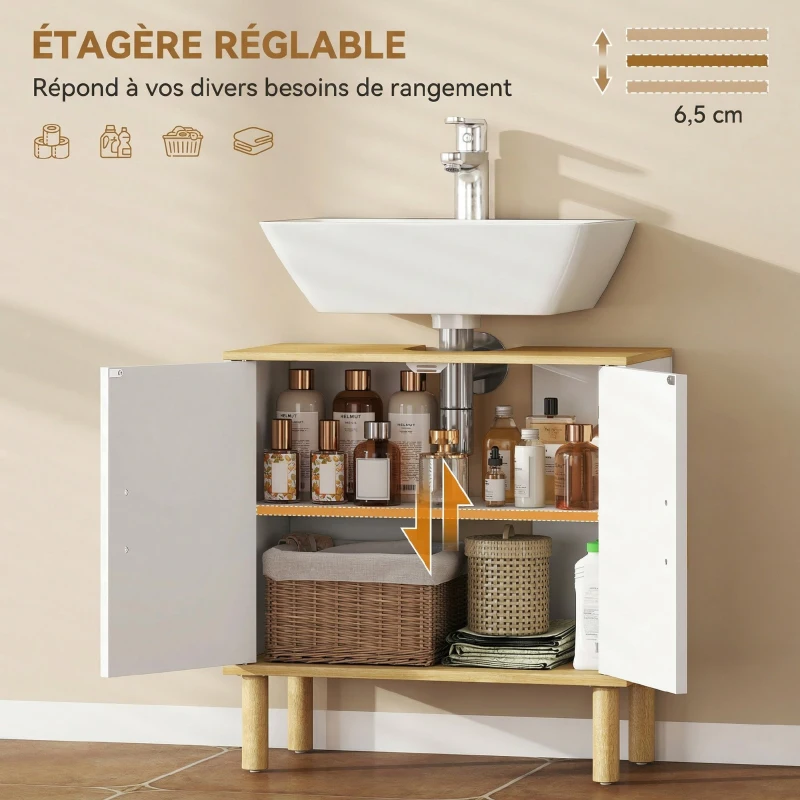 HOMCOM Meuble sous lavabo, meuble de salle de bain avec 2 portes et étagère réglable, 60 x 30 x 61 cm, blanc