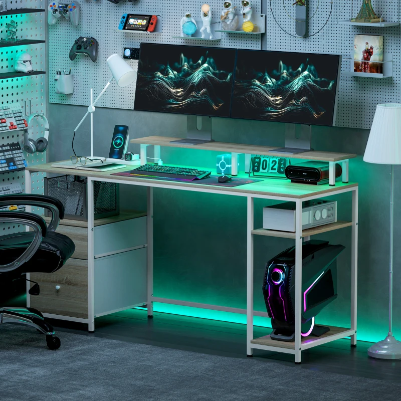 HOMCOM Bureau d'ordinateur bureau lumières LED réglables 2 prises ports USB tiroirs étagères 155,5x48x88,5cm effet bois naturel