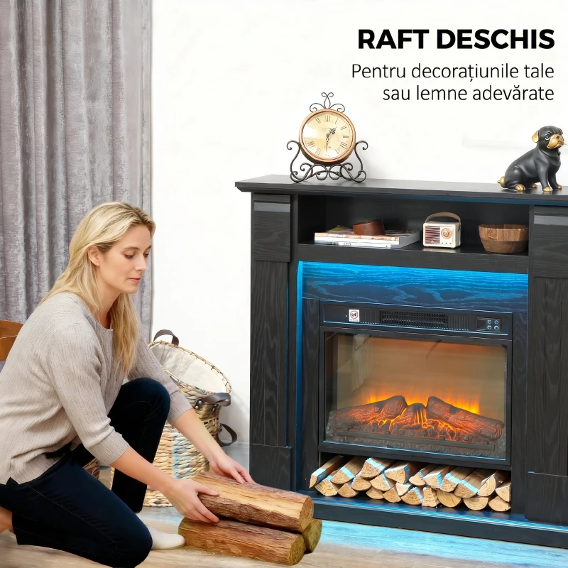 HOMCOM Șemineu Electric de 1800W Reglabil cu Flacără 3D, Raft, Timer și Telecomandă, 105x27x97 cm, Negru
