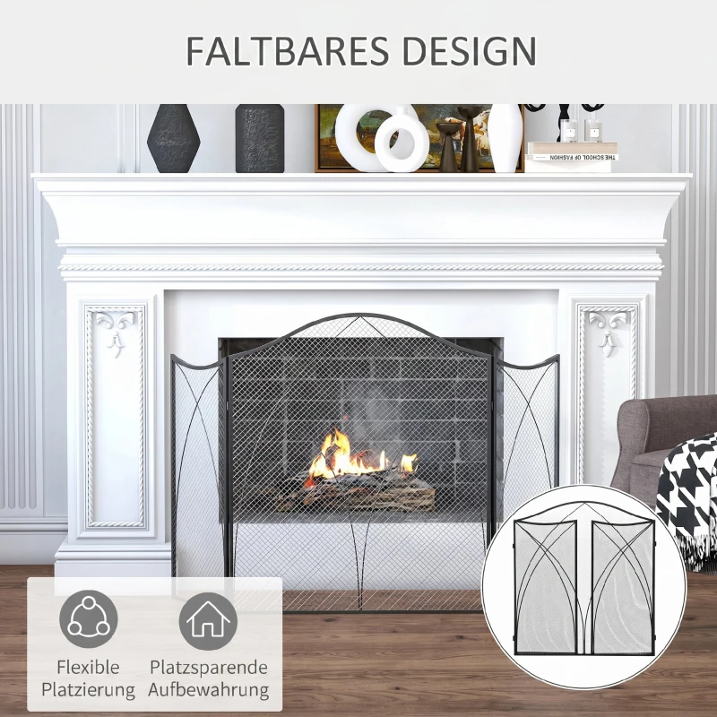 HOMCOM Ecran de protecție pentru șemineu, pliabil în 3 părți, din metal, 108x24x76 cm, negru