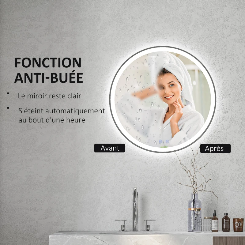 kleankin Miroir rond lumineux LED de salle de bain Ø 70 cm mural avec éclairage 3 couleurs interrupteur tactile 23W blanc argent