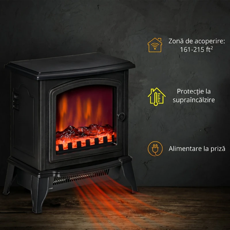 Șemineu Electric Portabil HOMCOM 1000W/2000W cu Efect de Flacără, din ABS și Sticlă Temperată, 36,5x24x45,5 cm, Negru