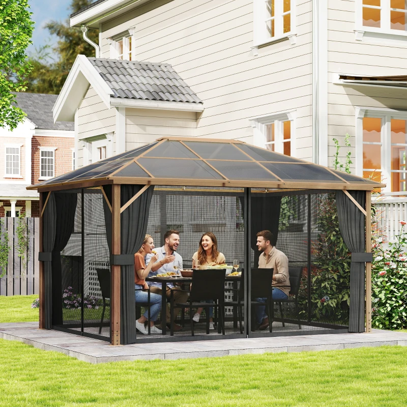 Outsunny Tonnelle de Jardin Pavillon Extérieur Aspect Bois Toit Rigide en Polycarbonate UV50+ Imperméable 398x298x262cm Naturel