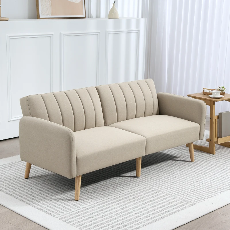 HOMCOM Canapé Convertible 2 Places Design scandinave Dossier inclinable 3 Positions Pieds Bois Tissu Aspect Lin Beige