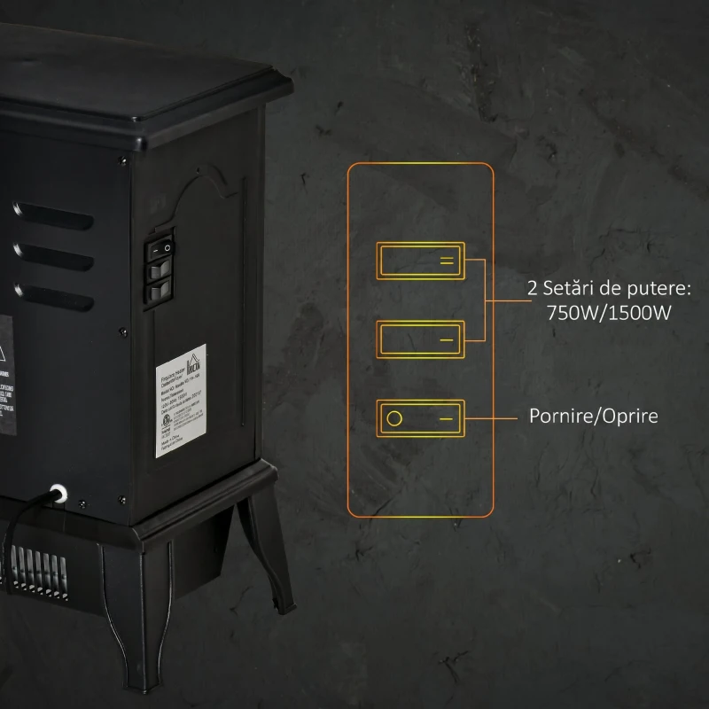Șemineu Electric Portabil HOMCOM 1000W/2000W cu Efect de Flacără, din ABS și Sticlă Temperată, 36,5x24x45,5 cm, Negru