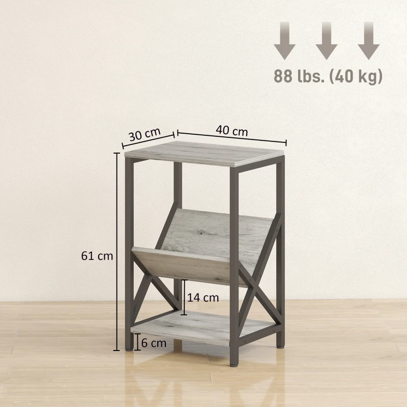 HOMCOM Table d'appoint étroite, bout de canapé rangement à 3 niveaux, porte-revues en V, cadre en acier, 40x30x61cm, gris foncé