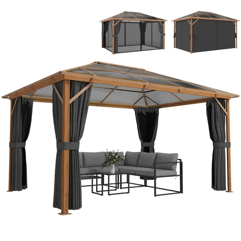 Outsunny Tonnelle de Jardin Pavillon Extérieur Aspect Bois Toit Rigide en Polycarbonate UV50+ Imperméable 398x298x262cm Naturel