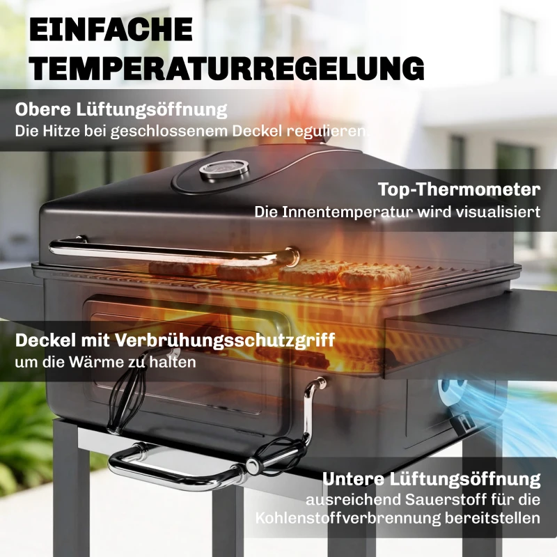 Outsunny Holzkohlegrill BBQ Smoker mit Deckel Thermometer höhenverstellbar Kohlepfanne Grillrost Seitentisch Aschefach