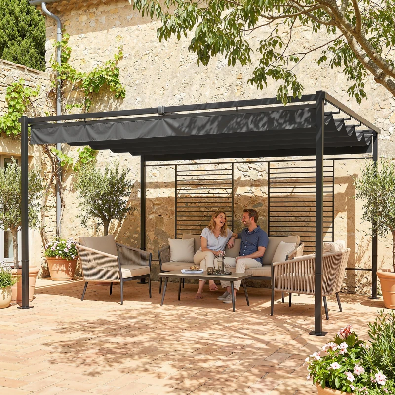 Outsunny Pergola de Jardin Tonnelle à Vigne UV50+ Toit Rétractable Panneaux d'Intimité pour Plantes Grimpantes 3x4m Gris Foncé