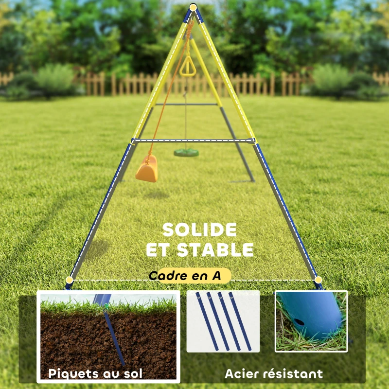 AIYAPLAY Portique Balancoire Exterieur Enfants 3-en-1, Siège de Balancelle, 2 Anneaux Gymnastique et Balançoire à Disque