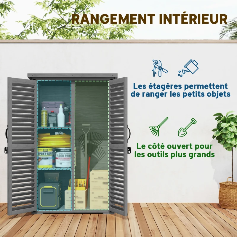Outsunny Armoire de Jardin Remise Pour Outils en Bois 2 Étagères Toit Bitumé Portes Persiennes Verrouillable 75 x 50 x 118cm Gris