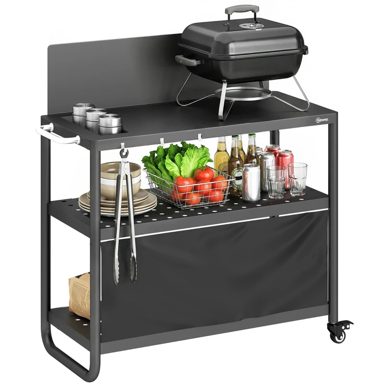 Outsunny Chariot de Barbecue Desserte de Jardin Mobile avec Pare-vent 3 Niveaux Rideau Oxford 100x46x110cm Noir
