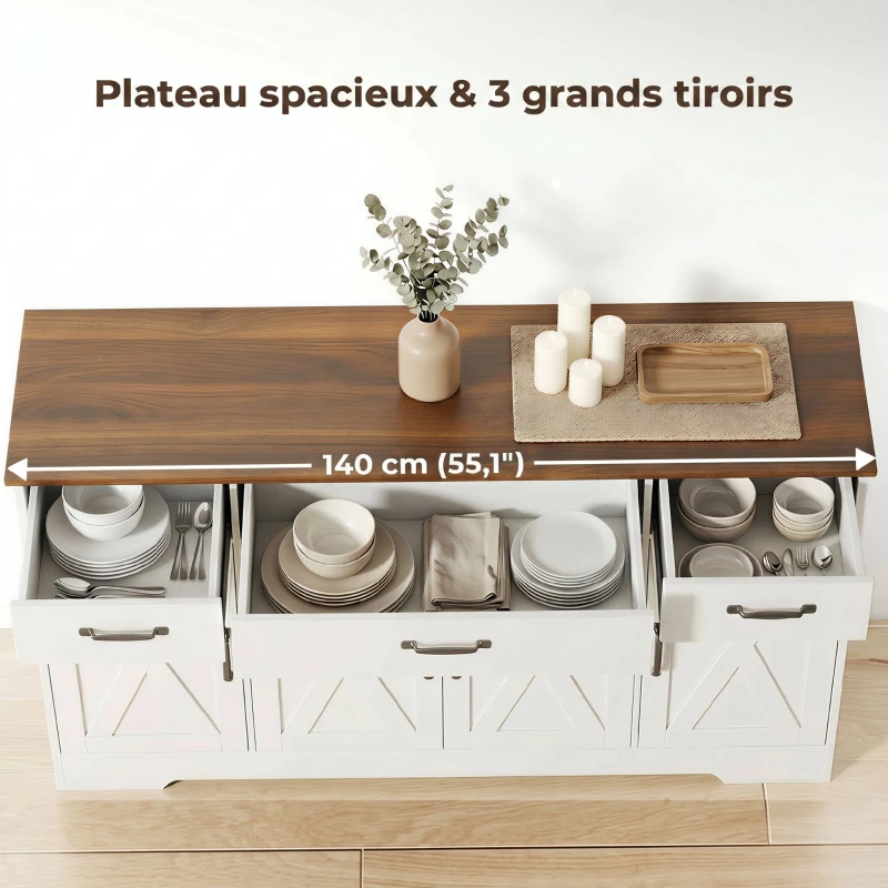 HOMCOM Buffet, meuble de rangement cuisine style ferme avec 4 portes de grange, 3 tiroirs, étagères ajustables, blanc