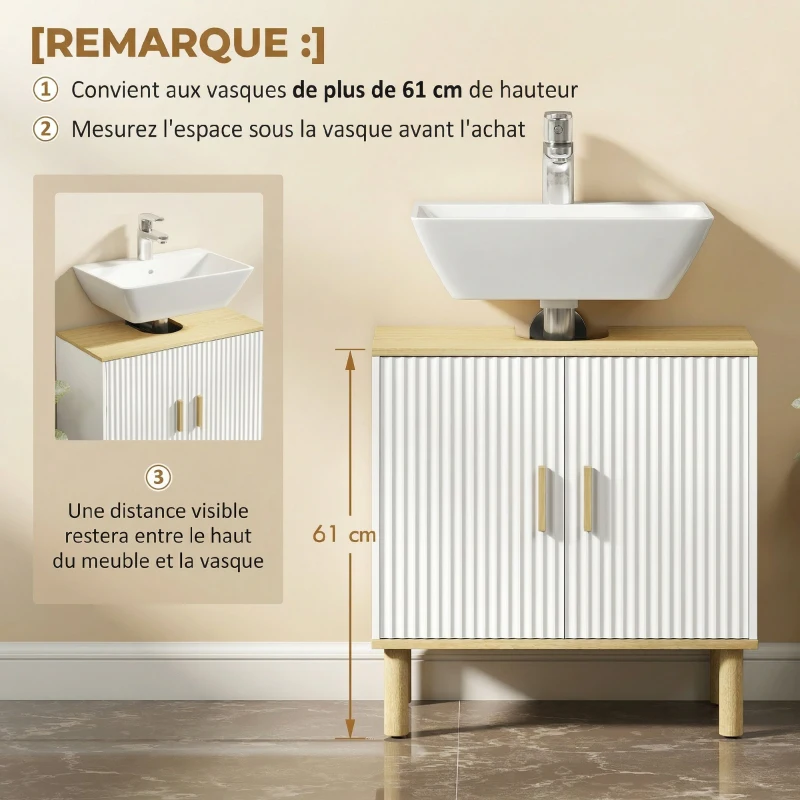 HOMCOM Meuble sous lavabo, meuble de salle de bain avec 2 portes et étagère réglable, 60 x 30 x 61 cm, blanc