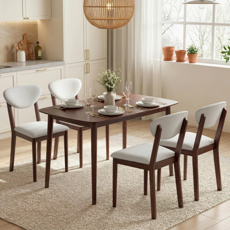 HOMCOM Ensemble table salle à manger avec 4 chaises, table de cuisine avec chaises pour 4 personnes, assise rembourrée, crème