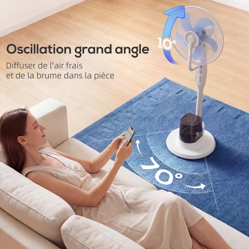 HOMCOM Ventilateur brumisateur 90W, ventilateur sur pied 128cm avec oscillation à 70°, 3 vitesses, réservoir d'eau 3,5L, blanc