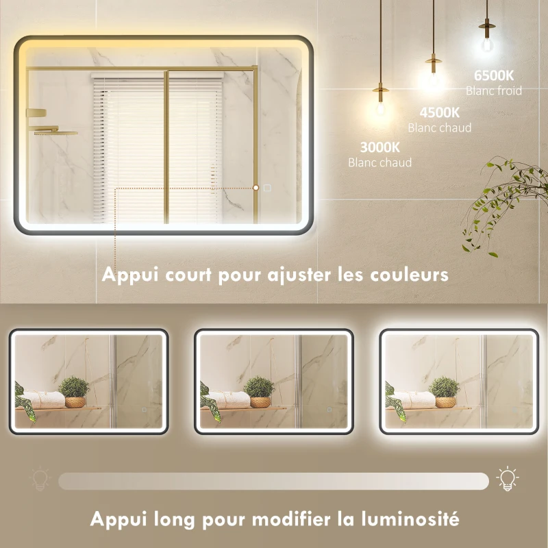 HOMCOM Miroir salle de bain avec éclairage 90 x 60 cm, miroir LED mural, anti-buée, 3 couleurs lumière, dimmable, noir