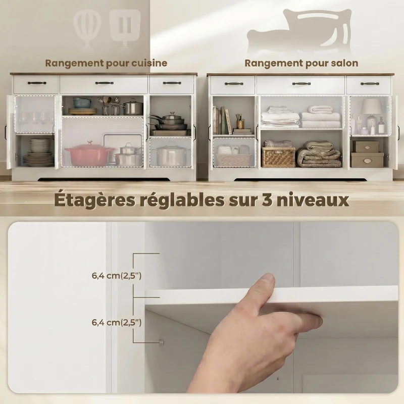 HOMCOM Buffet, meuble de rangement cuisine style ferme avec 4 portes de grange, 3 tiroirs, étagères ajustables, blanc