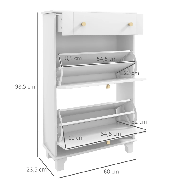 HOMCOM Meuble chaussure entrée étroit avec tiroirs à portes abattants et étagère réglable, 60 x 23,5 x 98,5 cm, blanc
