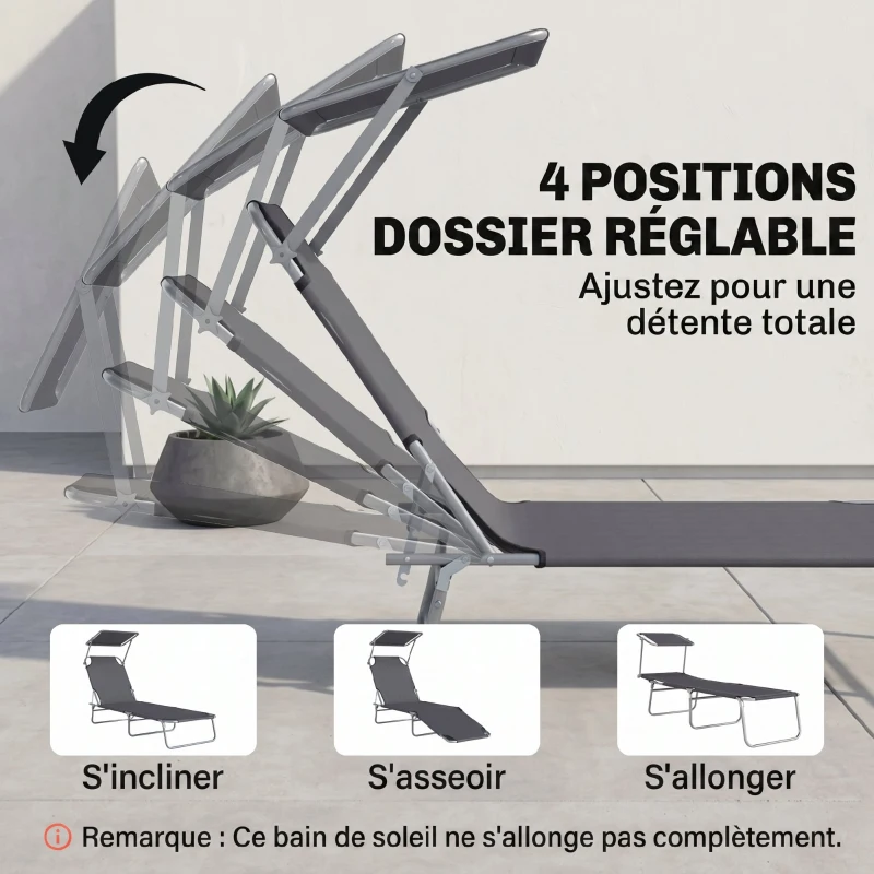 Outsunny Transat Bain de Soleil Pliable Chaise Longue Pliante Grand Confort Dossier Inclinable Multi-positions et Pare-Soleil réglable Dim. 187L x 58l x 36H cm Gris