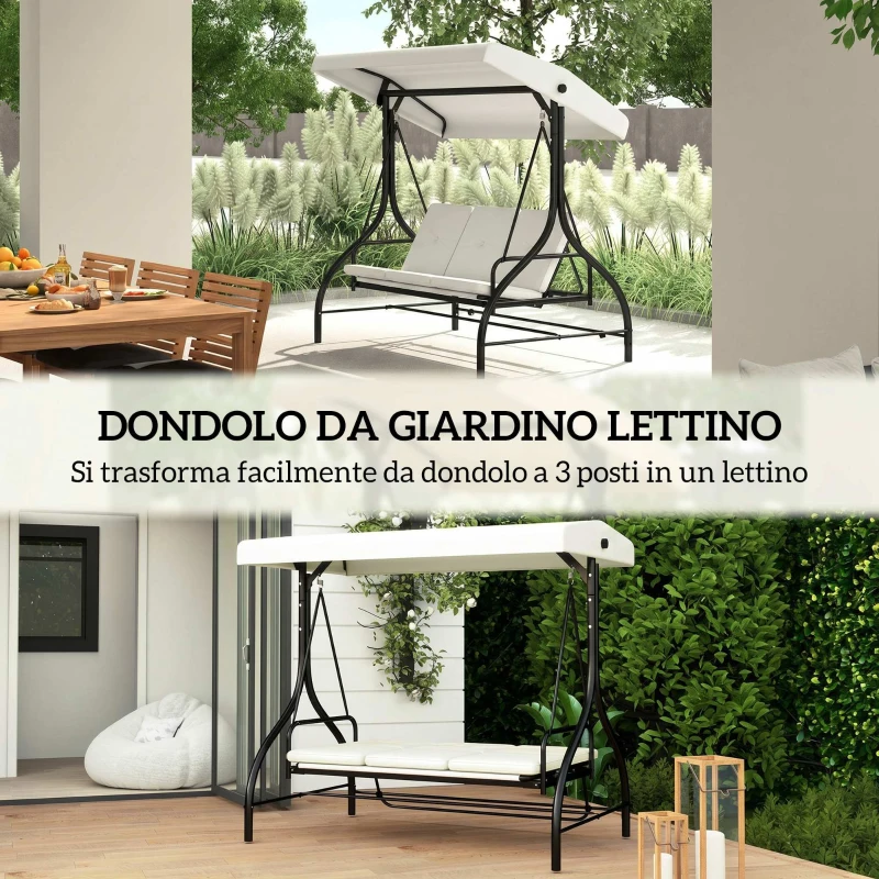 Outsunny Dondolo Letto da Giardino 3 Posti con Tettuccio Regolabile, in Acciaio e Poliestere, 195x117x175 cm, Crema e Nero