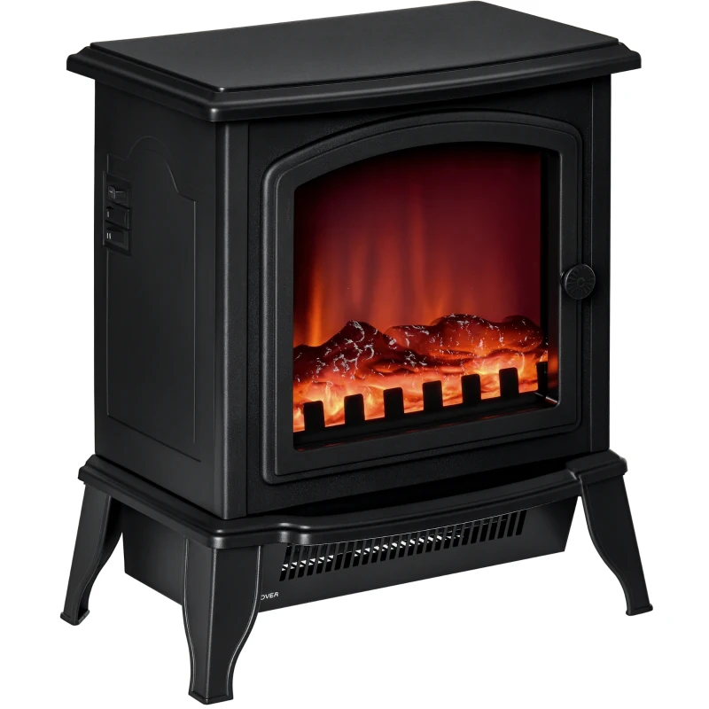 Șemineu Electric Portabil HOMCOM 1000W/2000W cu Efect de Flacără, din ABS și Sticlă Temperată, 36,5x24x45,5 cm, Negru